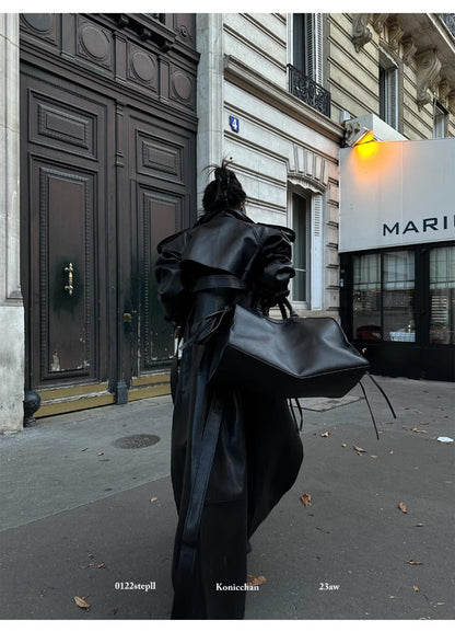 Lautaro Spring Autumn Extra Long Black Pu Leather Trench Coat for Women with Back High Slit Luxury Chic European Fashion 2024