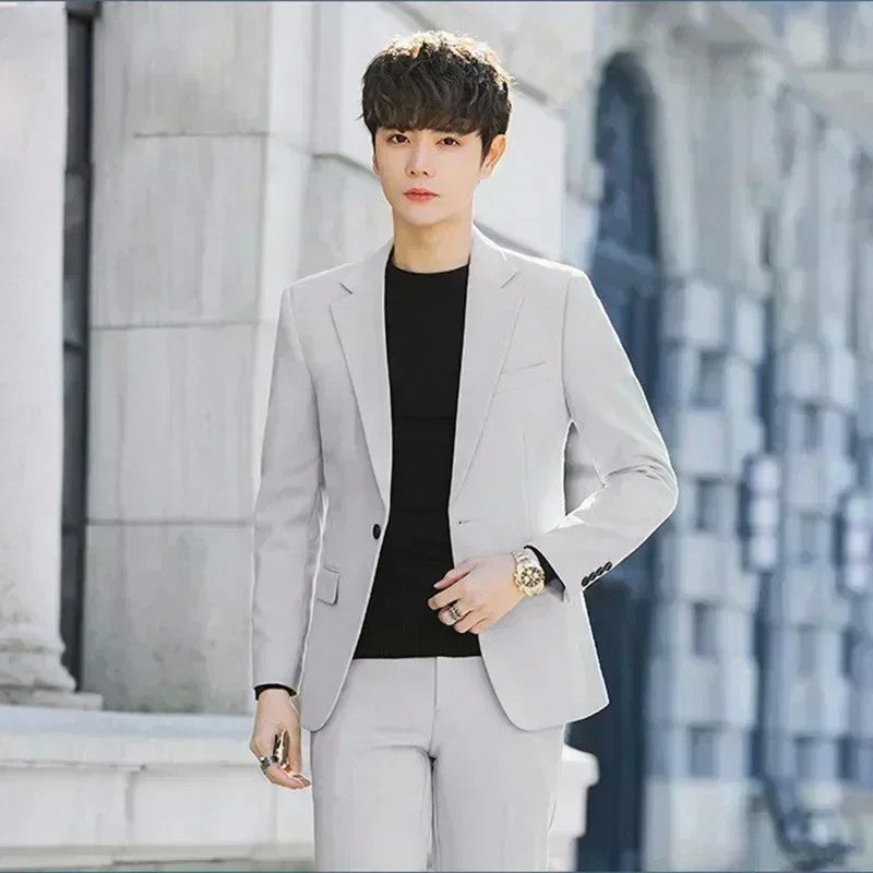 S-6XL Men's Business Casual Suit Korean Style Trendy Slim Fit 2 Piece Set Solid Color ?Blazer+ Pants )Groom Wedding Dress Party