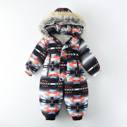 YBFSKID Kids Boys Winter Rompers Geometric Pattern Plush Thick Toddler Baby Boys Ski Suit Fur Collar Little Boys Jumpsuit Outfit