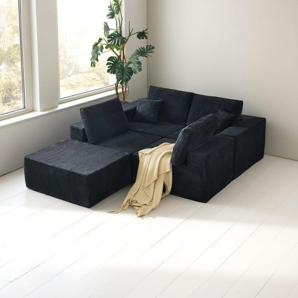 139.3" Luxury L-Shaped Modular Sofa – Corduroy Boneless Cloud Couch with Deep Seat, Movable Ottoman for Living Room