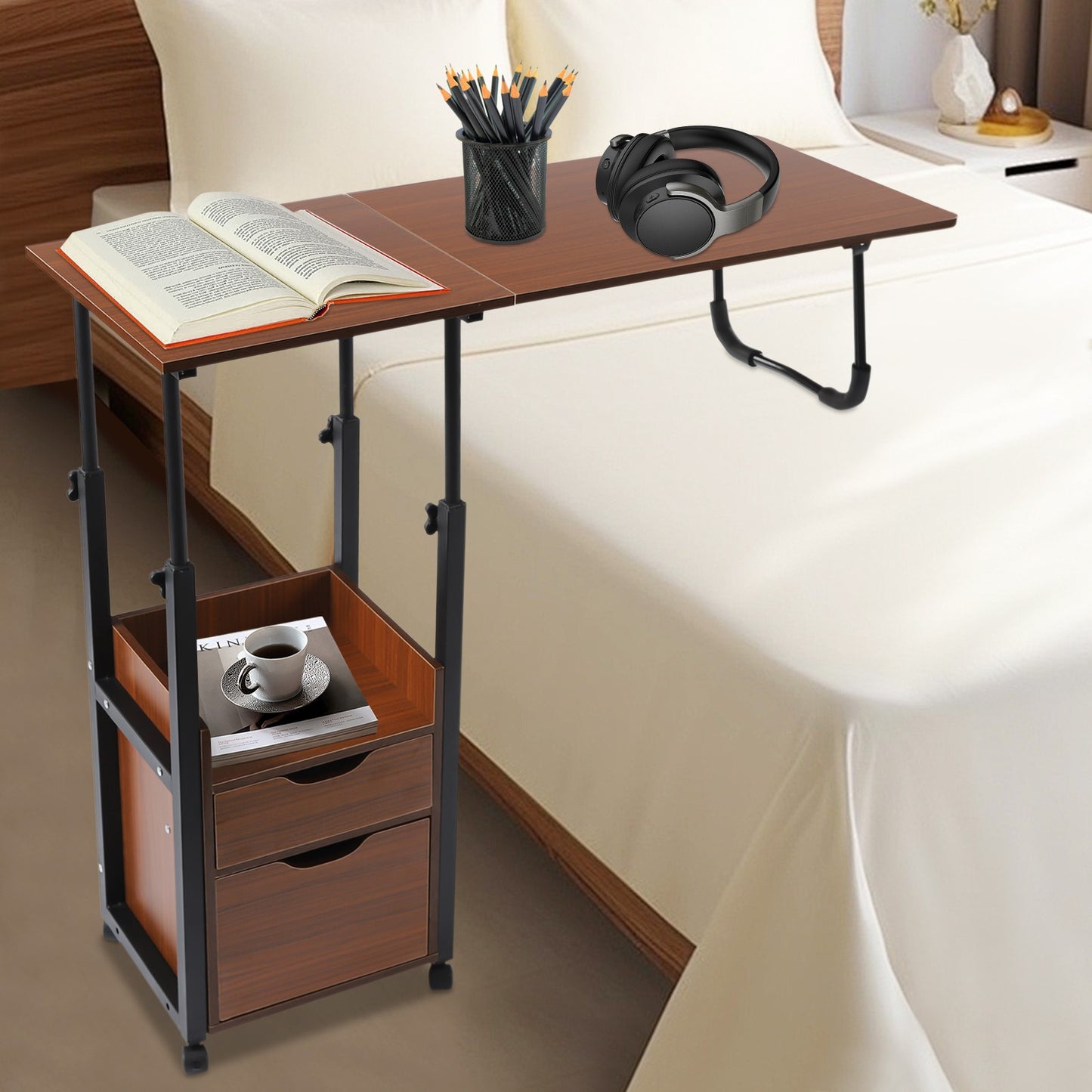 Foldable Laptop Desk with Wheels Height Adjustable Bedside Computer Table Portable Bedroom Office Table