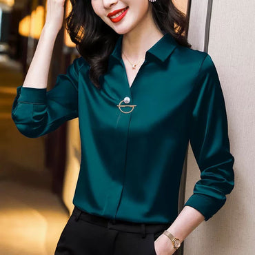 Elegant Women Chiffon Blouse 2025 New Temperament Turndown Collar Office Lady Shirt Streetwear Casual Solid Color Tops Clothing