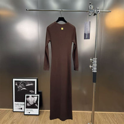 2025 Winter Women's Long Sleeve Knitted Stretch Hollow Corset Long Dress Y2K Clothing New Fashion High-Quality Party Dress bra