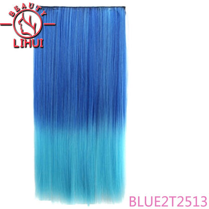 Extensões de cabelo sintéticas com clipe, longas e lisas, com 5 clipes em uma única peça, extensões de cabelo multicoloridas LIHUI