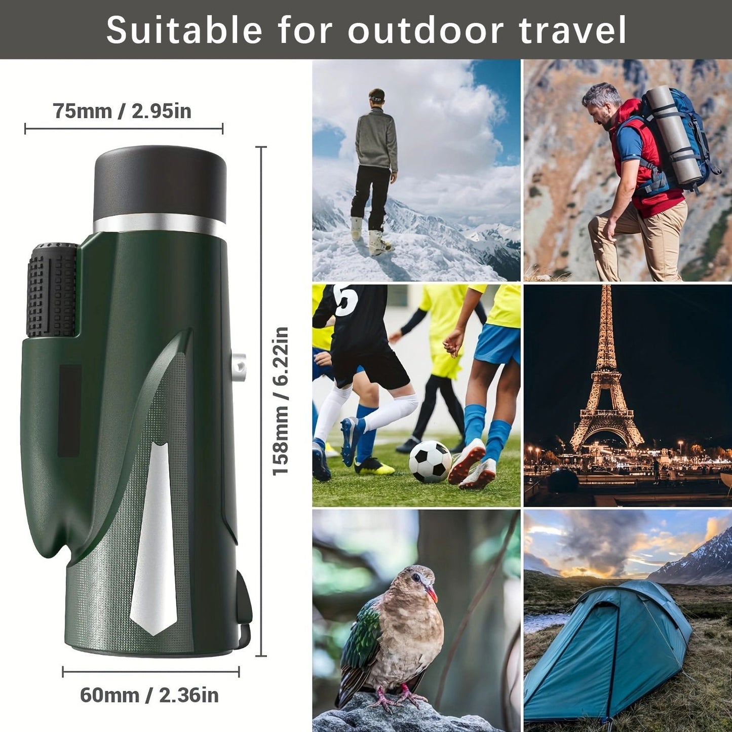 Telescópio monocular 10X, emparelhado com tripé e suporte para telefone, usado para observação de pássaros ao ar livre, caminhadas, acampamentos, viagens, lea