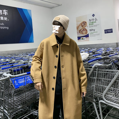 Blends Men X-long Autumn Winter Korean Style Trendy Loose Overcoats Solid Handsome All-match College Harajuku Clothing Mid-calf