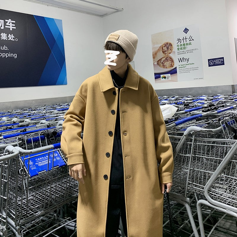 Blends Men X-long Autumn Winter Korean Style Trendy Loose Overcoats Solid Handsome All-match College Harajuku Clothing Mid-calf