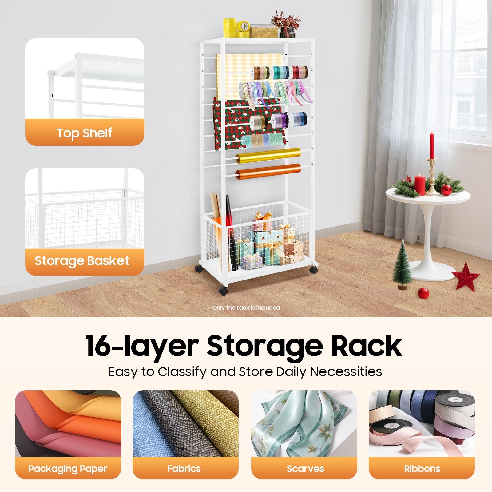 16 Tier Double-sided Ribbon Storage Rack, 67x32x150cm Baking Paint Iron Display Stand, Adjustable Crossbars Lockable Swivel Wheels Top Shelf Bottom Basket For Florist Wrapping Paper Organizing