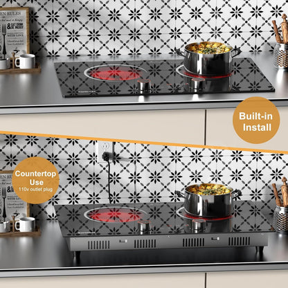 Karinear Electric Ceramic Cooktop 2 Burner, 110V,  2000W Knob Control & Sensor Touch for Countertop or Built-in Install, 24Inch