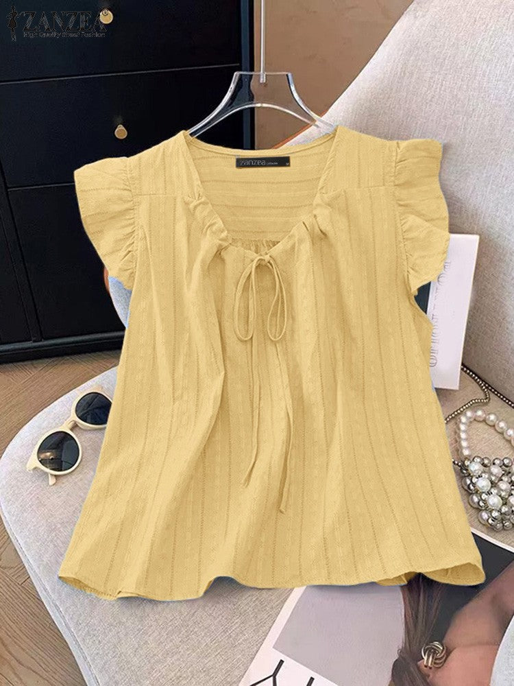2025 ZANZEA Summer Elegant Shirt Women Sleeveless Holiday Blouse Stylish Tanks Tops Casual Solid Cotton Camis Mujer Blusas Femme