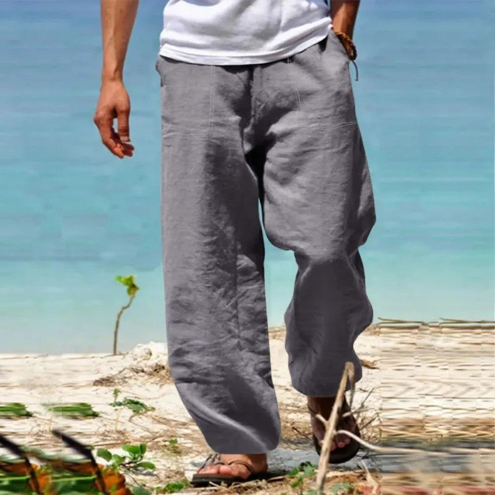 Calças Masculinas de Linho e Algodão Perna Reta Respiráveis Leves Estilo Praia Confortáveis Calças Casuais Primavera Verão
