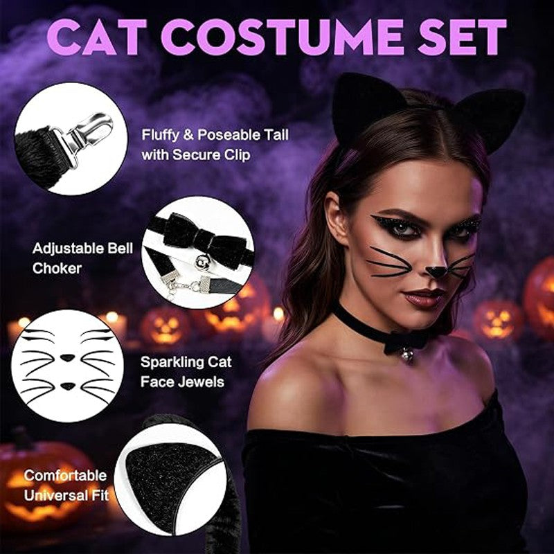 Cat Ears Headband and Tail Bell Collar Set, Cat Costumes for Women Black Cat Ears and Tail Set, Cat Costume Accessories Halloween Party Cosplay Costumes Set for Adults Women