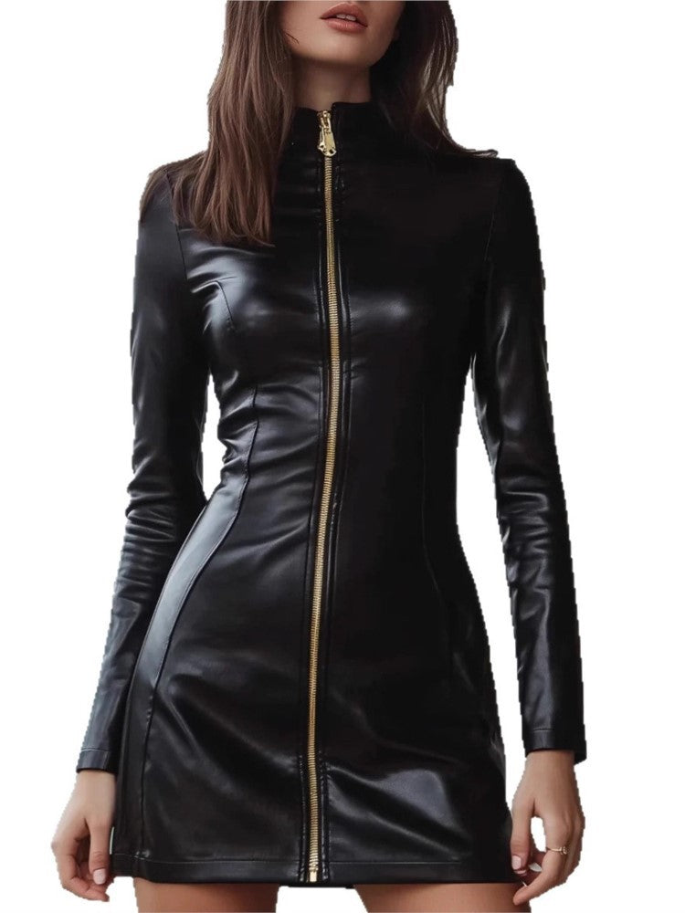 Women Pu Leather Sexy Fashion Dress Slim Long Sleeve Hip Covering Black Casual Dress New Autumn Elegant Mini Dresses Robe Femme