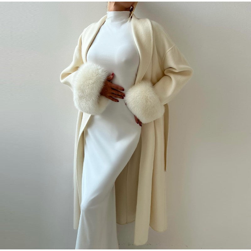 Lace-Up Short Overcoat Women's Coat Office Lady Elegant Woolen Furry Patchwork Long Sleeve Coats 2025 New Loose Cardigan Jackets