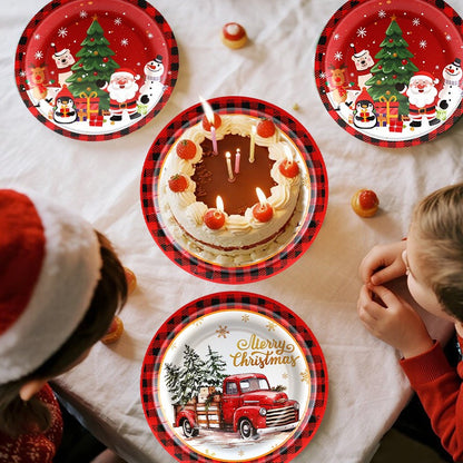Christmas Theme Party Tableware Red Plaid Christmas Car Disposable Tableware Set Paper Plate Party Decoration Supplies