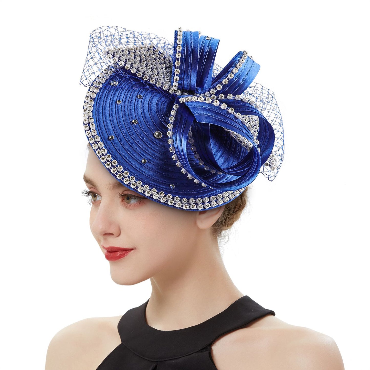 Fascinator de Cetim Perfeito Acessórios de Cabelo Chiques Multicores Chapéus para Kentucky Derby Chapéu para Chá da Tarde Touca de Strass com Véu