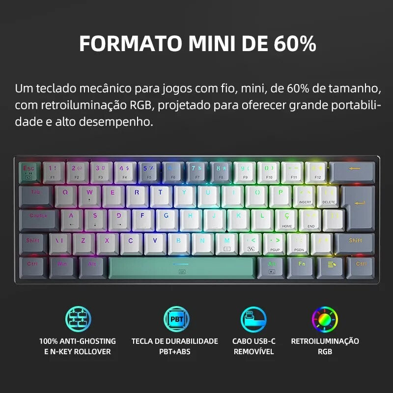 Teclado Mecânico Mini Machenike K500-B61 60% Layout ABNT2 Retroiluminação RGB Hot-swappable NKRO Com Fio Para Jogos Gamer PC