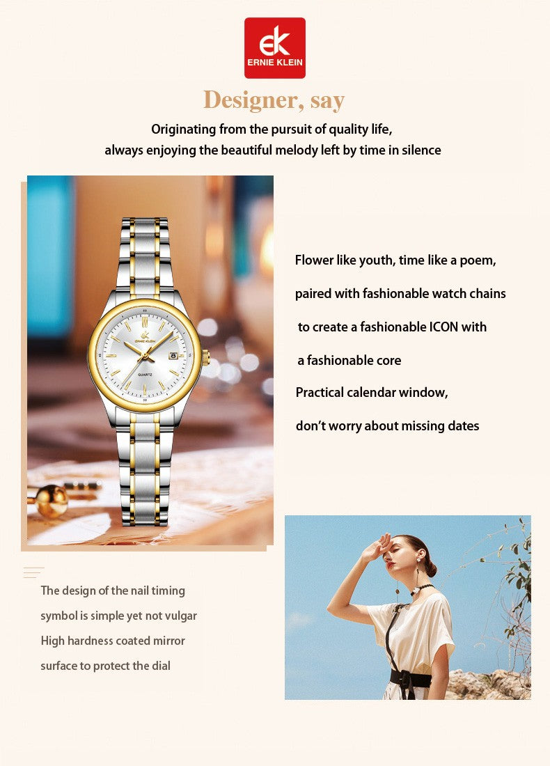 ERNIE KLEIN Women’s Watch Luxury Gold Watch OriginalDate Week Stainless Steel Waterproof Luminous Elegant Dress Ladies' Watches