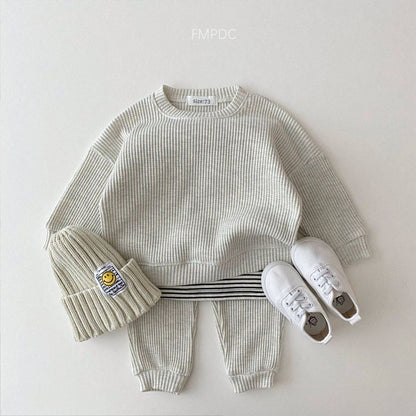 2023 Korea Toddler Baby Clothing Sets For Infant Baby Boys Clothes Set Mock Two-piece Waffle Cotton Sweatshirt+Pants 2pcs Outfit