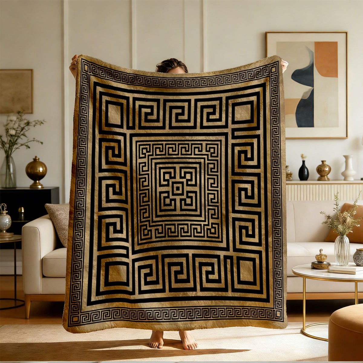 Geometric Greek Key Throw Blanket Tapestry Couch Decor Luxury Meander Pattern Gold Beige Bohemian Xmas Gift Accent Plaid