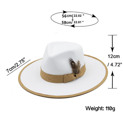 European American Fashion Feather Felt Jazz Hat Flat Wide Brim Bordered Formal Hat for Women and Men Elegant Style