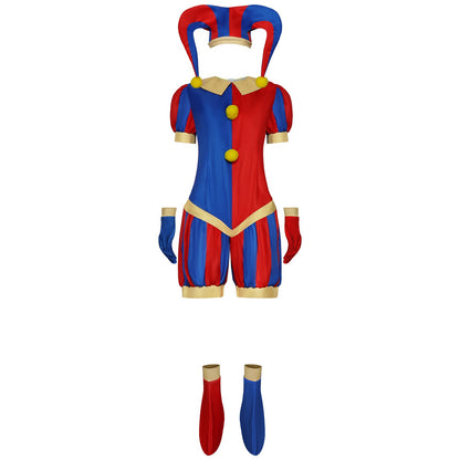 Animation Pomni Cosplay Jumpsuit with Hat aShoes Cover Gloves Magical Virtual Circus Outfits for Halloween Carnival Circus