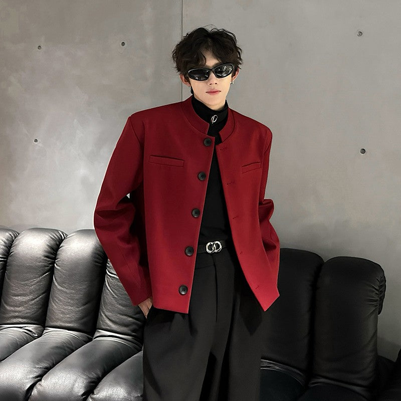 Wine Red Blazers Men Suit Jackets Casual Stand Collar Solid Color Male Short Coats Korean Trendy Men's Clothing Autumn New