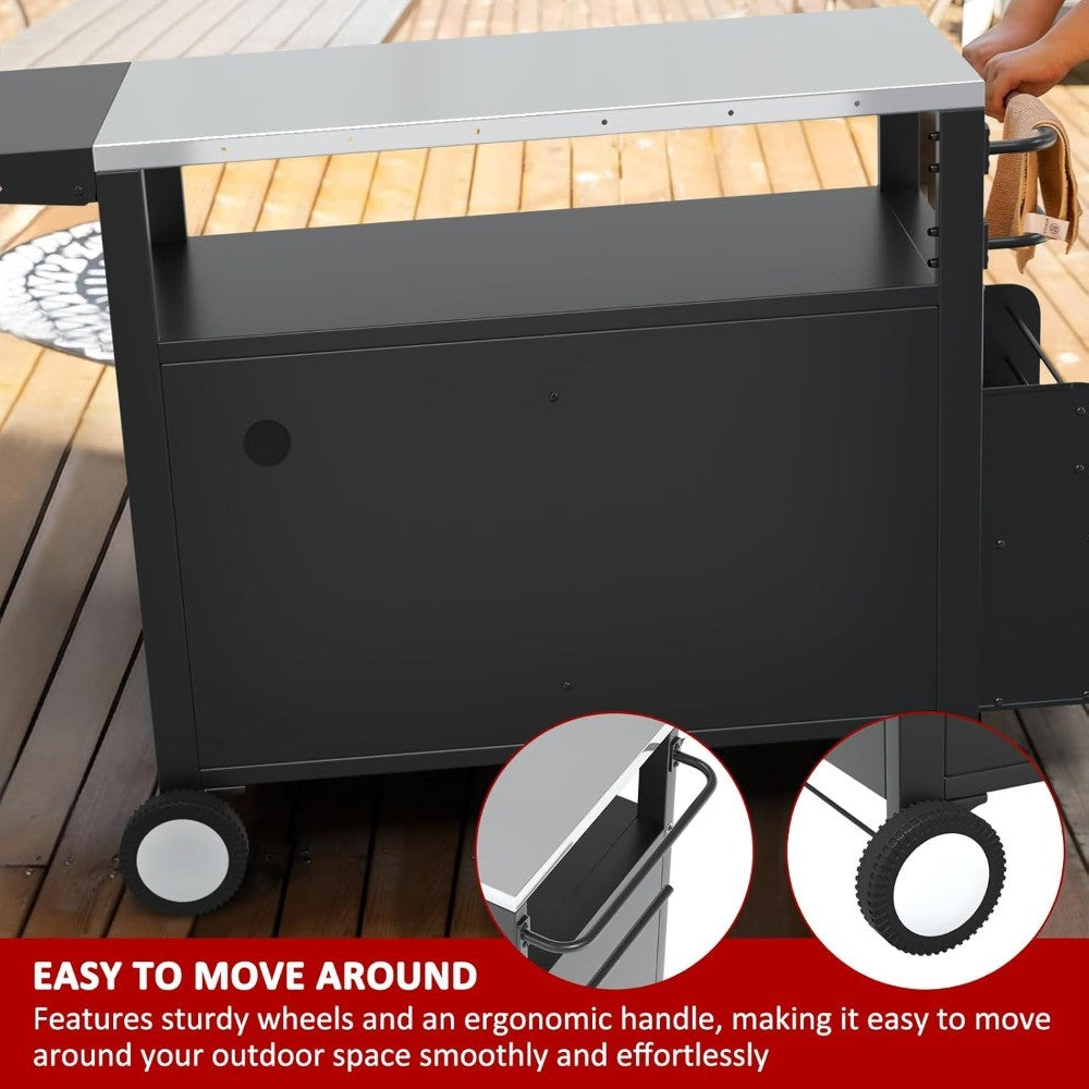 xl outdoor grill cart with wheels, weatherproof outdoor kitchen outdoor bar cart mobile bbq with foldable stainless steel top &