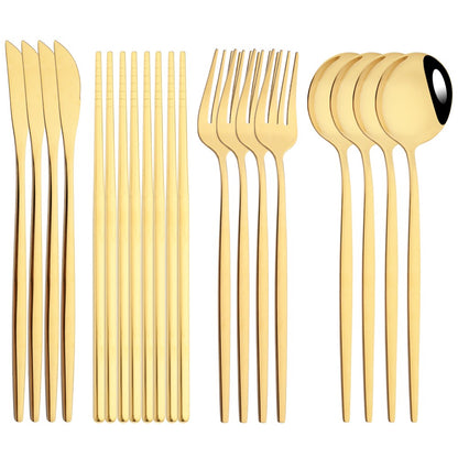 12-16Pcs Chopsticks Knife Fork Spoon Cutlery Set Green Gold Dinnerware Set Luxury Stainless Steel Flatware Korean Tableware Set