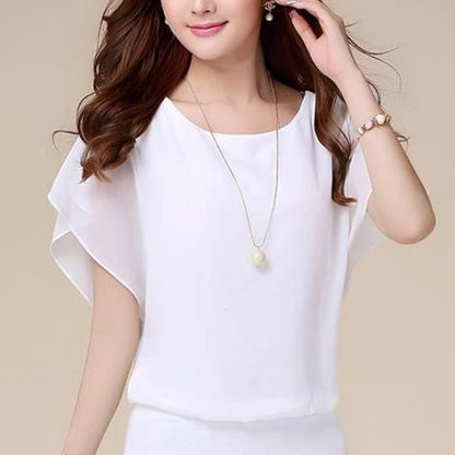 New Summer Women Blouse Female Short Batwing Sleeve Oversized Loose O-Neck Chiffon Shirt Plus Size Office Lady Elegant Tops Tees