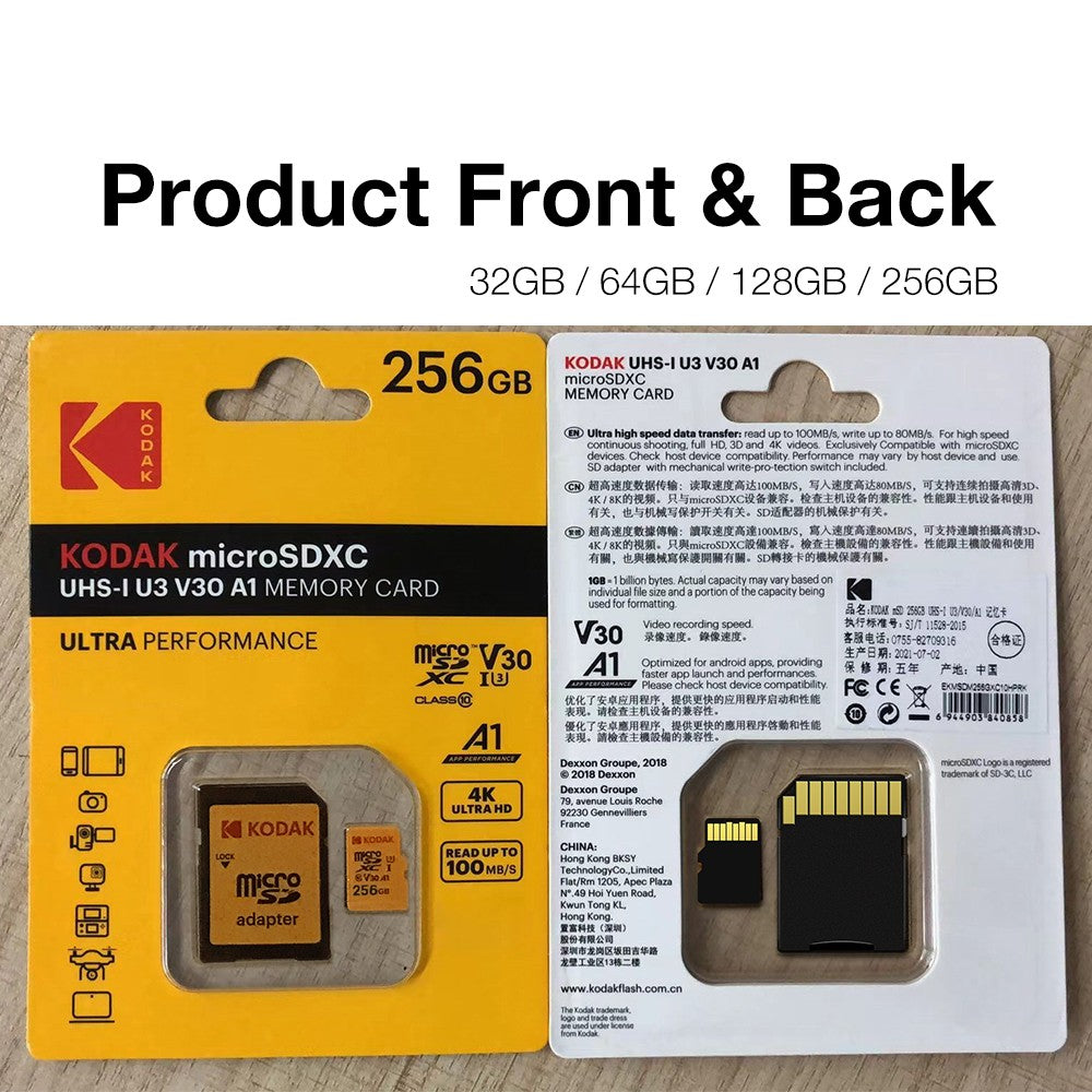 Kodak Micro SD Card Memory Card Class 10 64GB U3 4K High Speed Cartao De Memoria Flash Memory TF Mecard C10 For Card reader