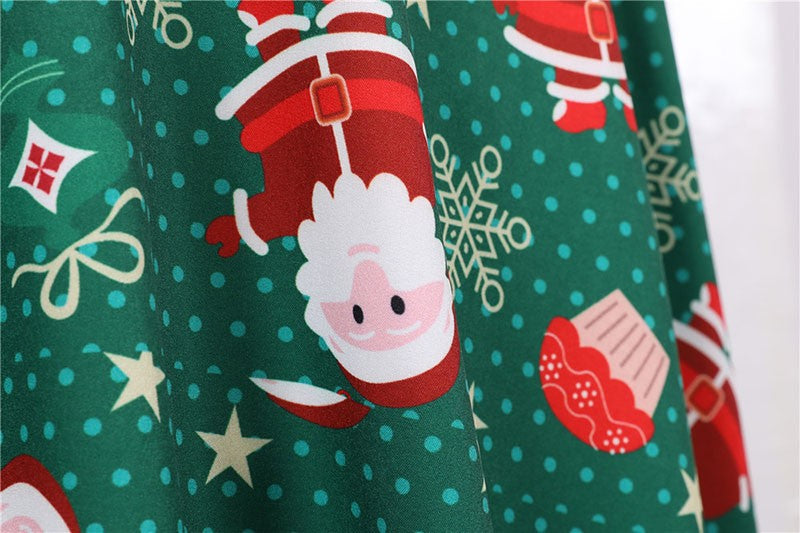 Fashion V-neck Short Sleeve Printed Christmas Dress Large Swing Vintage Elegant Xmas Party Dress