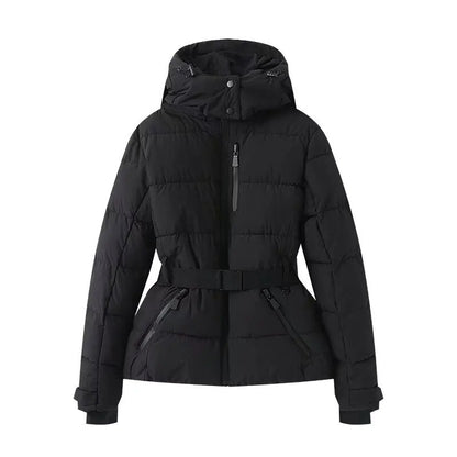 Women's Winter Hooded High Waist Padded Sport Parkas Coats with Belt Female Elegant Thick Warm Pockets Windproof Skiing Jackets