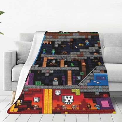 Cartoon Mines Pixel Game Crafts Flannel Blanket Super Warm Throw Blanket for Home Decor Decorative Street Trend Bedspread