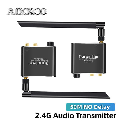 AIXXCO 50M 2.4G Wireless Wifi Audio Music Transmitter and Receiver With 3.5mm R/L RCA Wireless Audio adapter