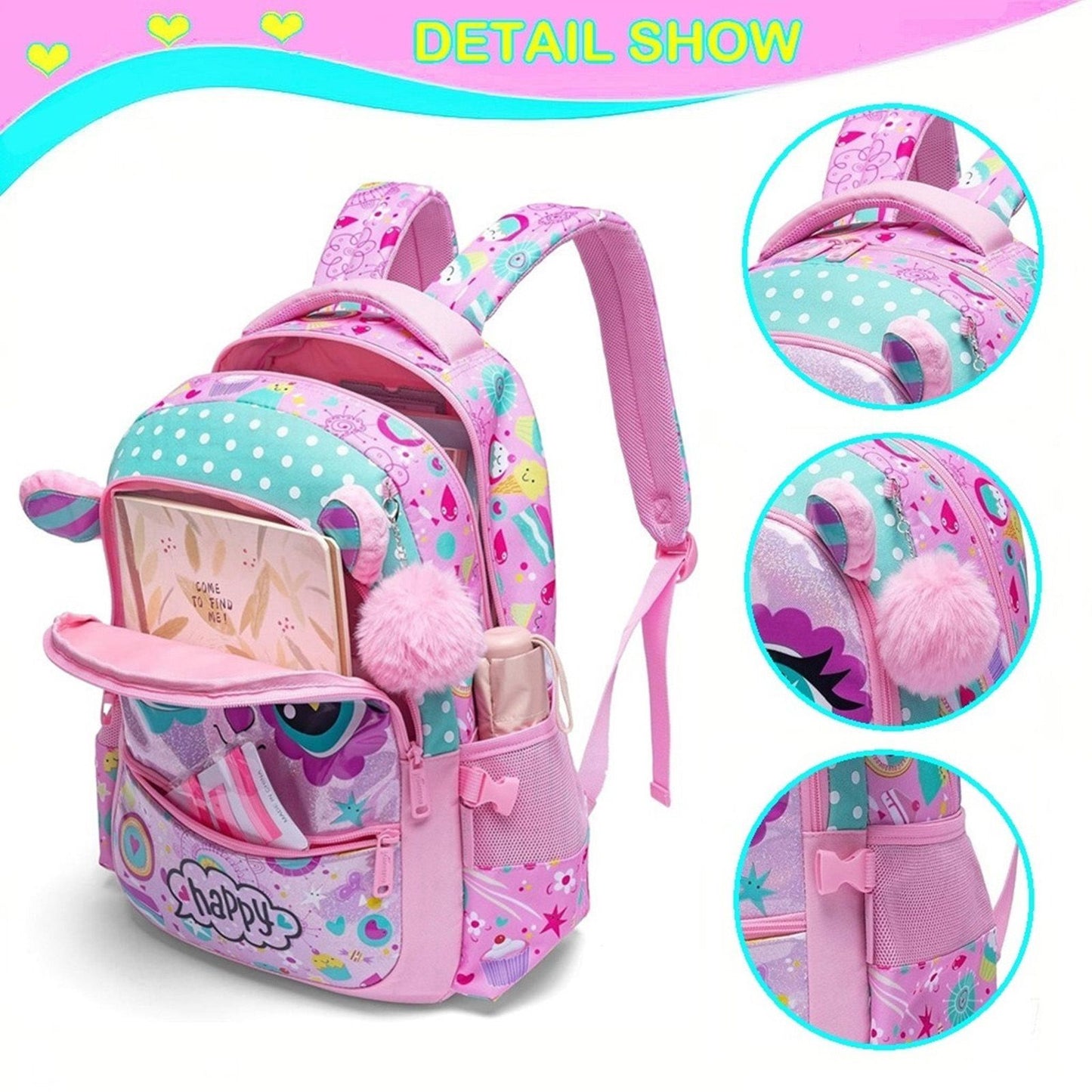 Mochila com Design de Animais Fofos para Crianças Mochila Escolar com Lancheira Grande Capacidade Leve para Estudantes Presente Perfeito