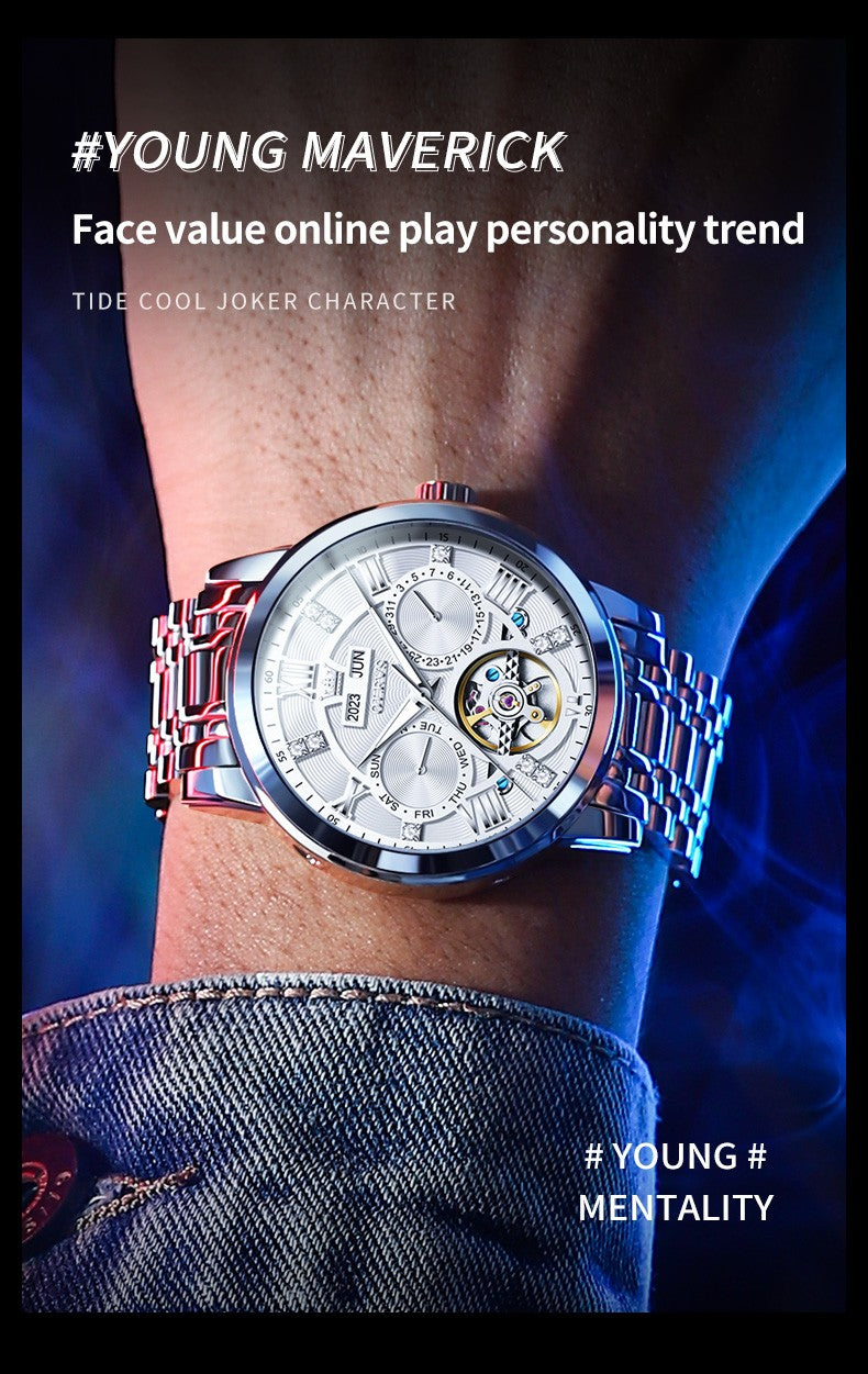 OLEVS Men's Watches Skeketon Flywheel Automatic Mechanical Original Wristwatch for Man Waterproof Luminous Perpetual Calendar