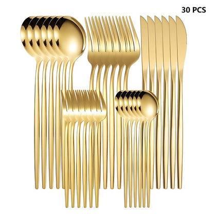 30 Talheres Dourados Prateados Conjunto de Talheres Aço Inoxidável Faca Garfo Colher Jogo de Mesa Conjunto de Talheres de Luxo para Cozinha de Festival