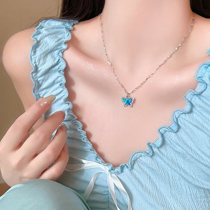 LATS Colar Feminino de Borboleta Cristal Azul Romântico Simples Brilhante Zircônia Camada Dupla Gargantilha Corrente Clavícula Nova Joia Fina