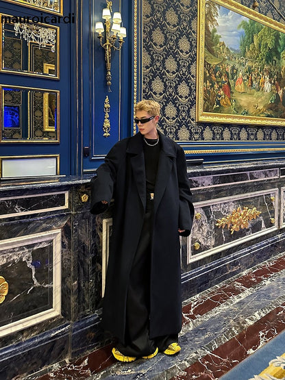 Mauroicardi Autumn Winter Oversized Extra Long Warm Navy Blue Wool Blends Coat Men Loose Luxury Designer Woolen Overcoat 2024