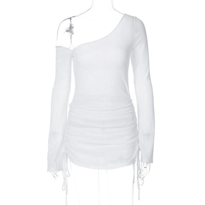 ALLNeon Fairycore White Perspective Oblique Shoulder Long Sleeve Mini Dress Hots