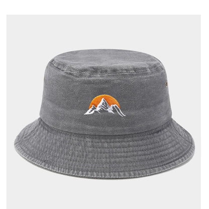 1 "sunrise" printed washed retro sunshade embroidered fisherman hat outdoor fashion accessory, made of polyester fabric