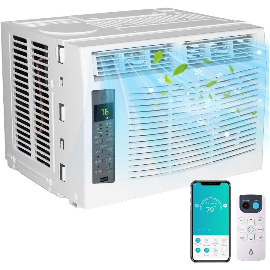 Ar Condicionado de Janela de 6000 BTU com Controle Inteligente Habilitado para WiFi e Operação Remota, Funcionalidade 3 em 1 de Ventilador e Desumidificador para Efic