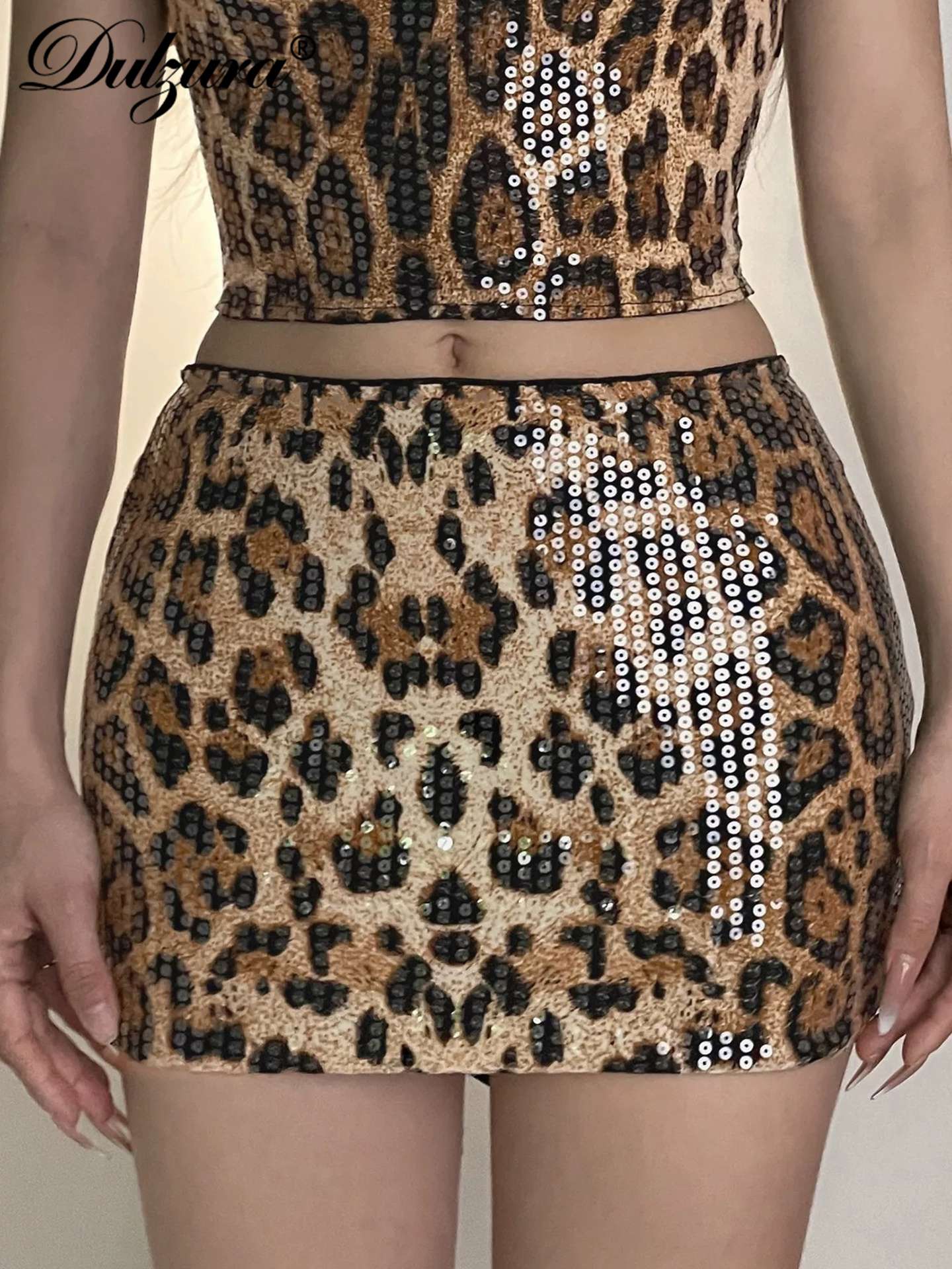 Dulzura Summer Latest Fashion Elegant High Waist Sequins Sexy Slim Leopard Print Short Skirt Party Club Street Clothes Wholesale