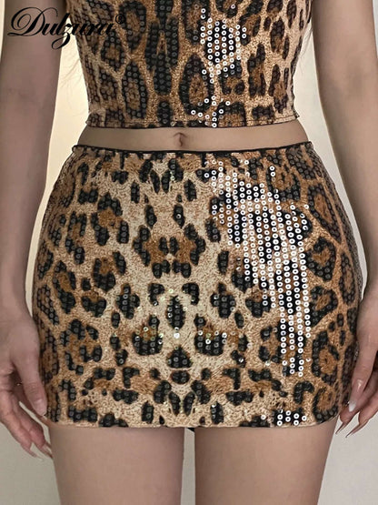 Dulzura Summer Latest Fashion Elegant High Waist Sequins Sexy Slim Leopard Print Short Skirt Party Club Street Clothes Wholesale
