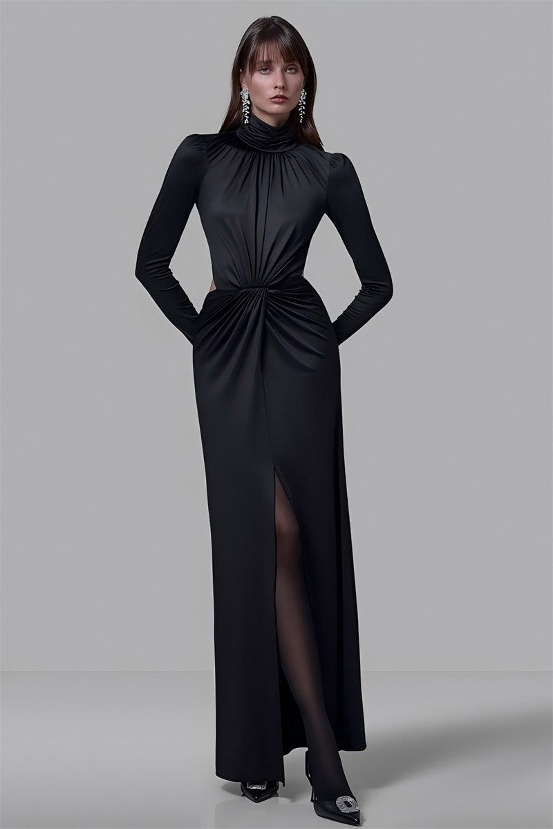 Mozision Turtleneck Backless Sexy Maxi Dress Women Gown Autumn Winter Elegant Long Sleeve Thigh High Split Club Party Long Dress