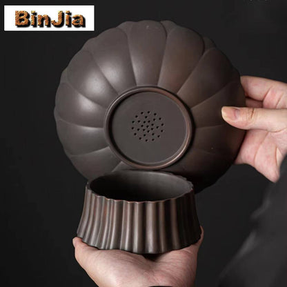 Qingxi Purple Pottery Tea Pastry Plate Handmade High Foot Dried Fruit Snack Large Integrated Drain Dessert Candy Dish Gift