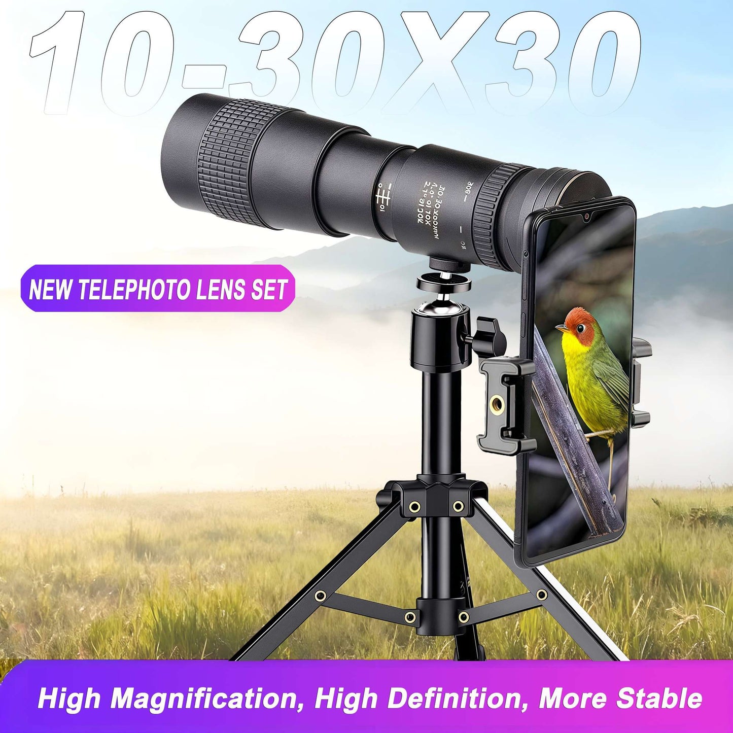 Telescópio Profissional 10-30X30, Lente Telescópica com Zoom para Celular com Tripé, Material em Liga de Alumínio, Base para Tripé, Adequado para Viagens ao Ar Livre, Fotografia de Caminhadas