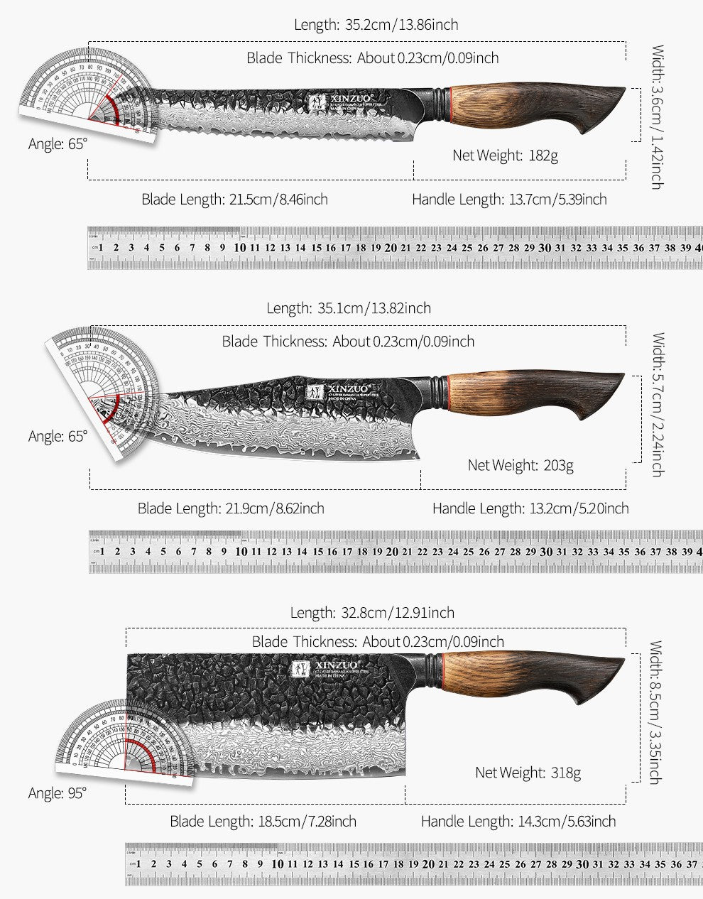 XINZUO 1-6-Piece Damascus Knife Set 67-Layer Steel White Oak Red G10 Handles Paring Utility Cleaver Santoku Bread Knife
