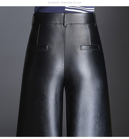 Pu wide leg pants capri women 2022 winter autumn high waist straight leather pants female trousers clothe pantalon femme